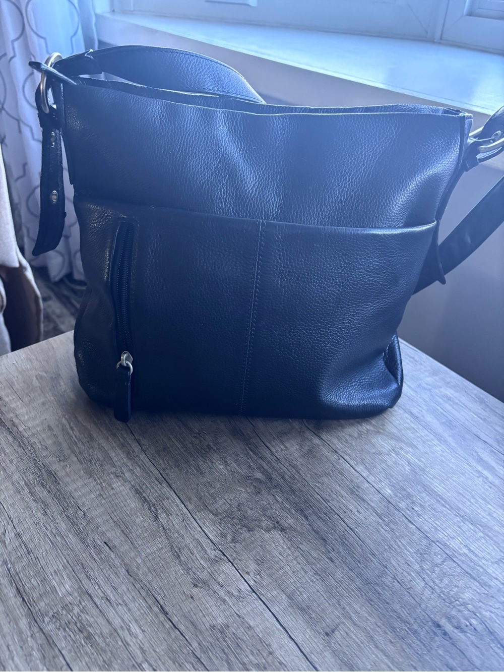 Rolfs Black Leather Messenger Bag with Front Zip Pocket